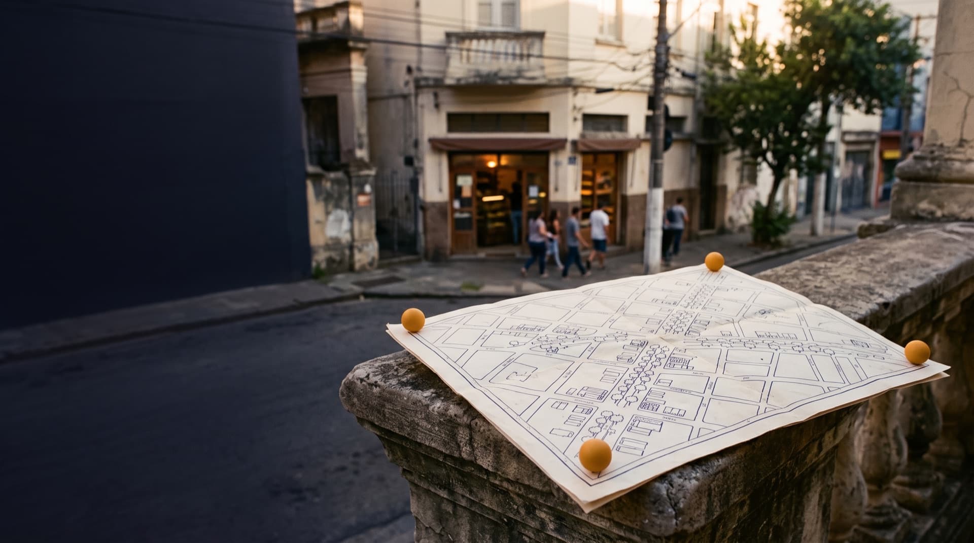 Mapa de papel com pontos marcados, numa rua comercial ao fim da tarde